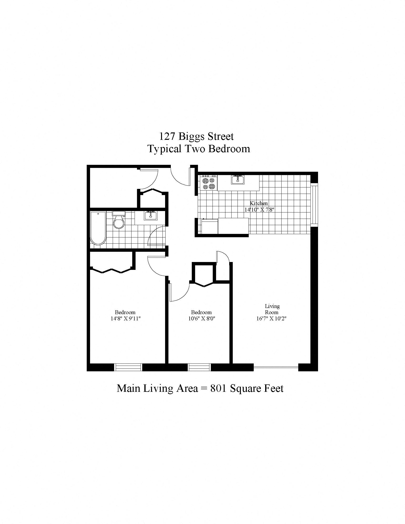 Floor plan for 2 beds, 1 bath, 963 sqft